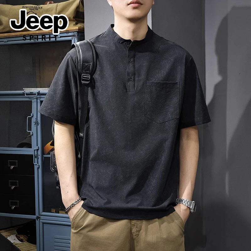 吉普美式重磅亨利领短袖t恤男士polo衫宽松透气凉感半袖立领体恤