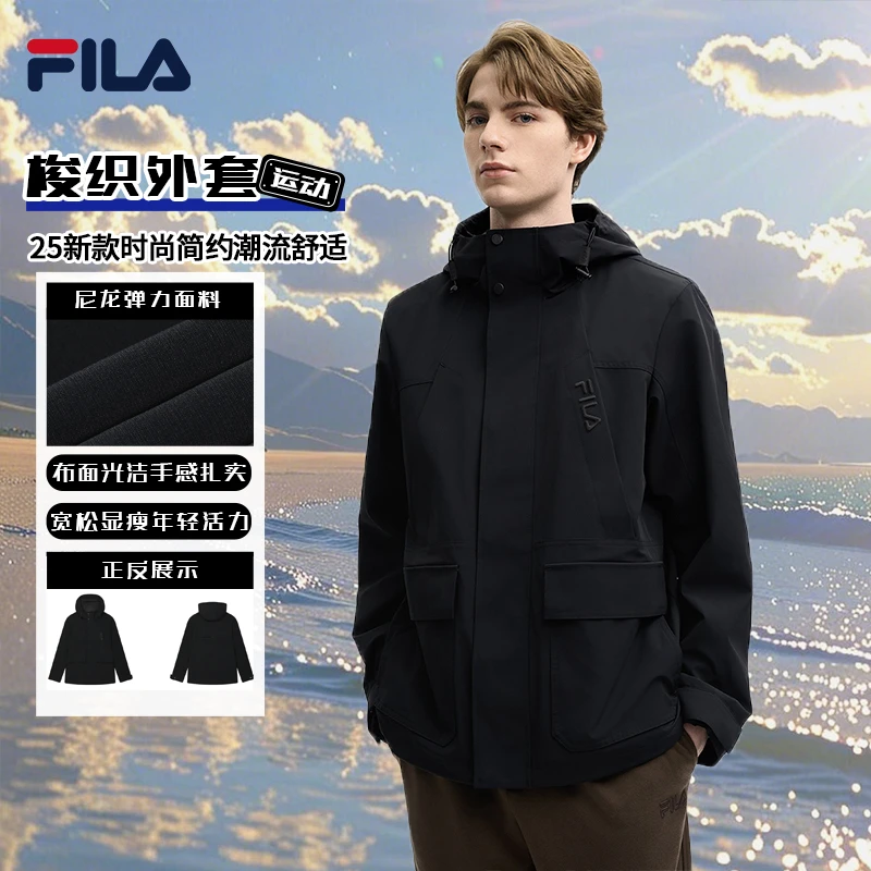 FILA斐乐情侣款时尚简约黑色潮流休闲运动梭织工装外套F11M518713