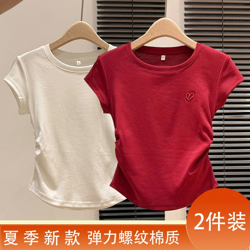 美式修身白色圆领正肩短袖t恤女夏季薄款小个子内搭收腰显瘦上衣