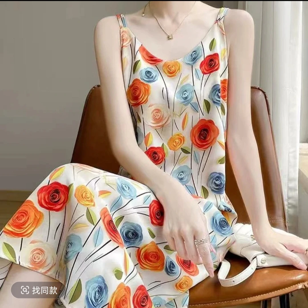 【黄玫瑰】2206碎花舒适夏季女中长款吊带裙气质时尚显瘦印花连衣裙