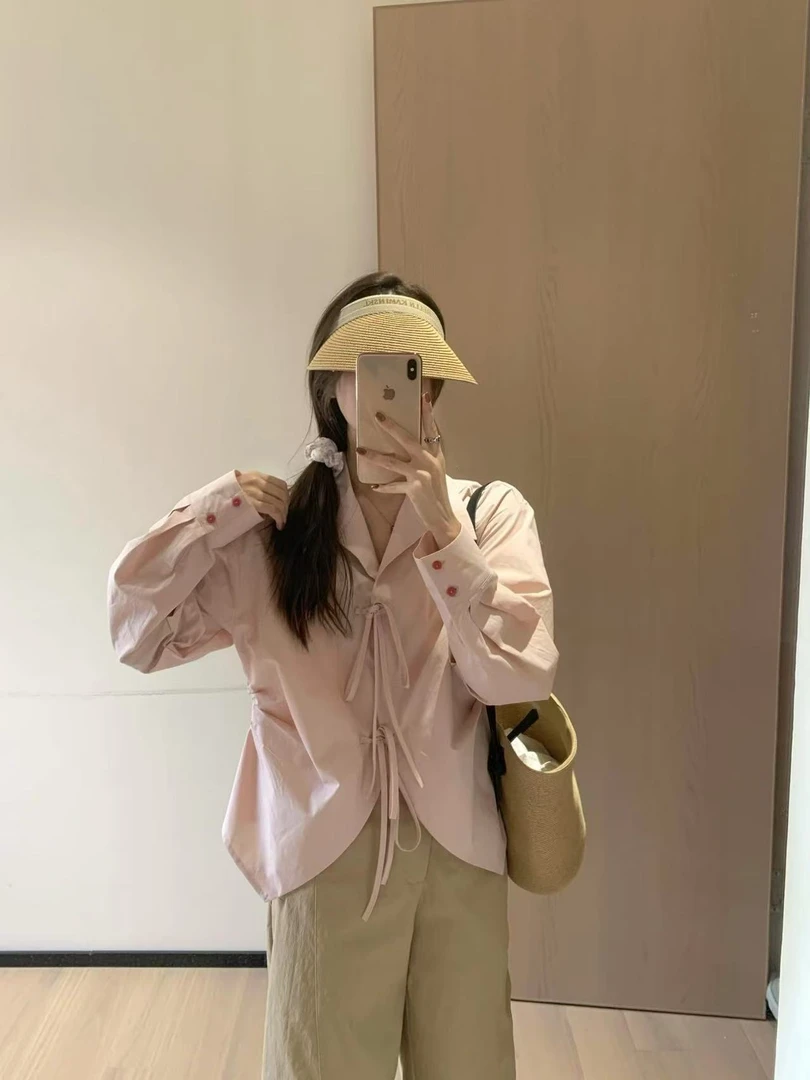 韩11韩版设计绑带衬衣裙百搭气质纯色长袖衬衫