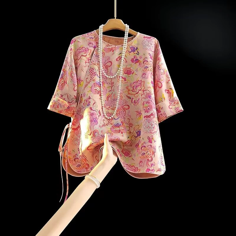 南油国风新中式春夏粉色复古上衣短袖圆领2025新款