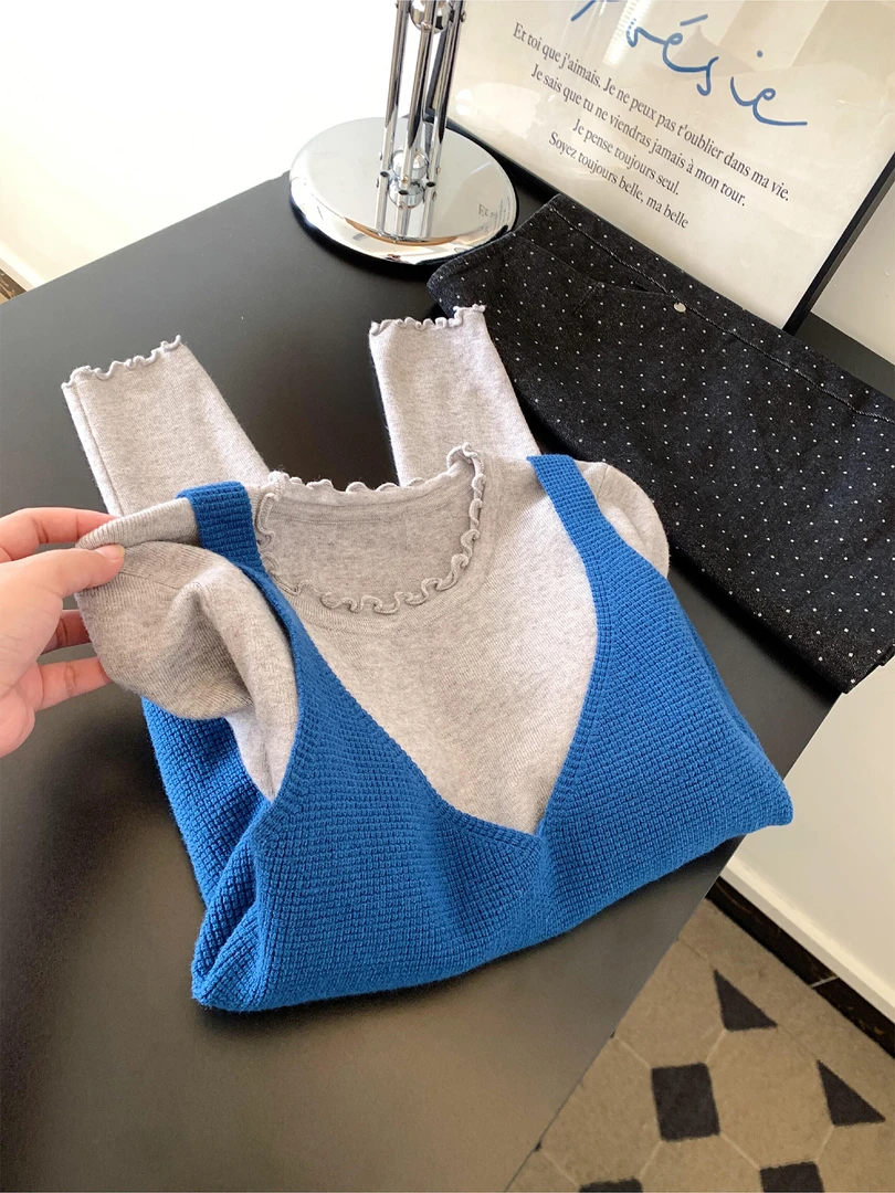 2025秋季韩系设计感V领针织背心女秋季高级叠穿两件套减龄针织衫