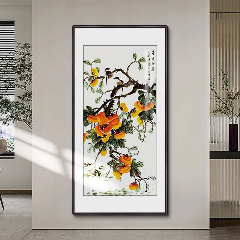 纯手绘-事事如意 新中式国画客厅玄关装饰画字画直播间