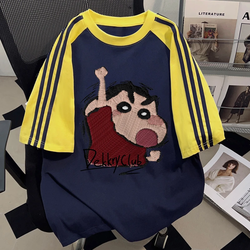 Dekkry日系街头韩版插肩三条杠夏季卡通纯棉短袖男女宽松百搭上衣