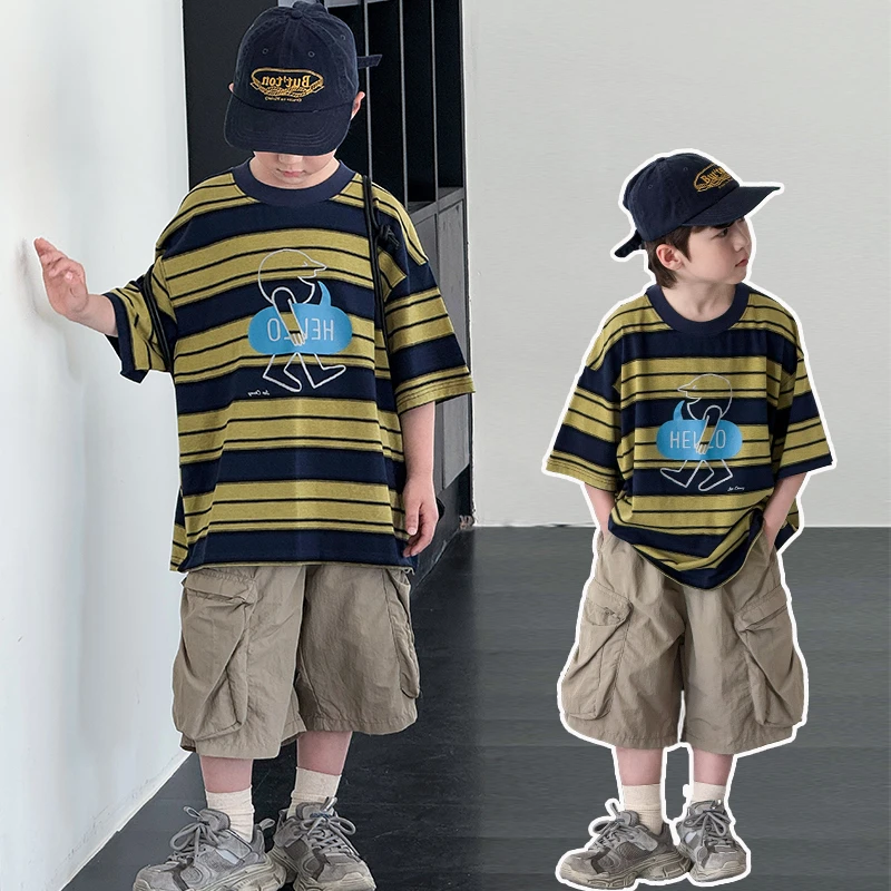 男童短袖t恤夏季2025新款夏装中大儿童洋气套装男孩帅气条纹潮T