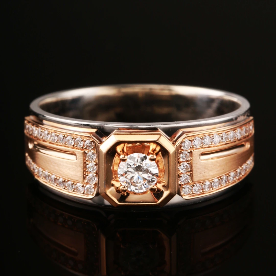 18K双色金豪华满钻42分钻石戒指男士时尚大气白金加玫瑰金双色色