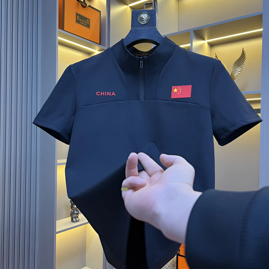 2025春季新款男士男款休閑黑色半袖修身刺绣圓領設計師9109款