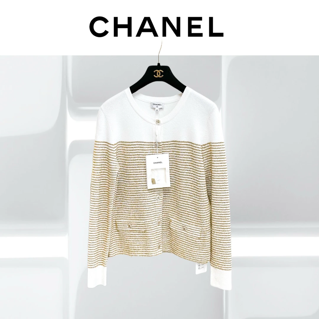 99新 Chanel/香奈儿 38码 白色拼金色 横条纹 长袖 针织 开衫
