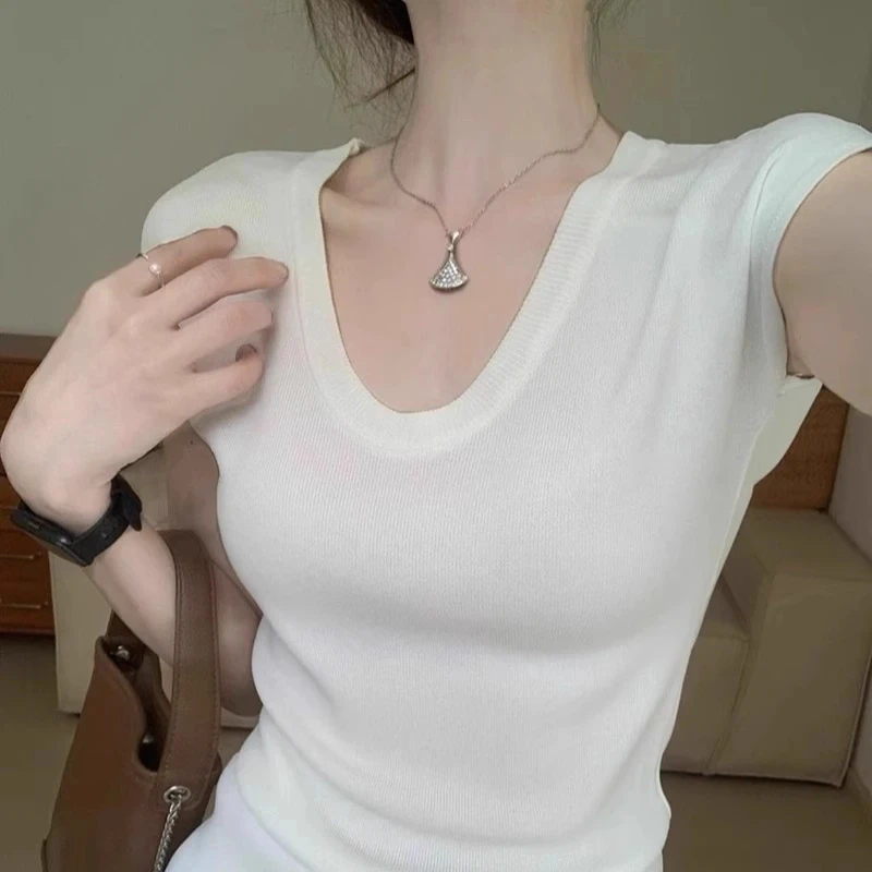韩版白色u领短袖正肩针织衫女夏季百搭气质小飞袖修身显瘦上衣薄