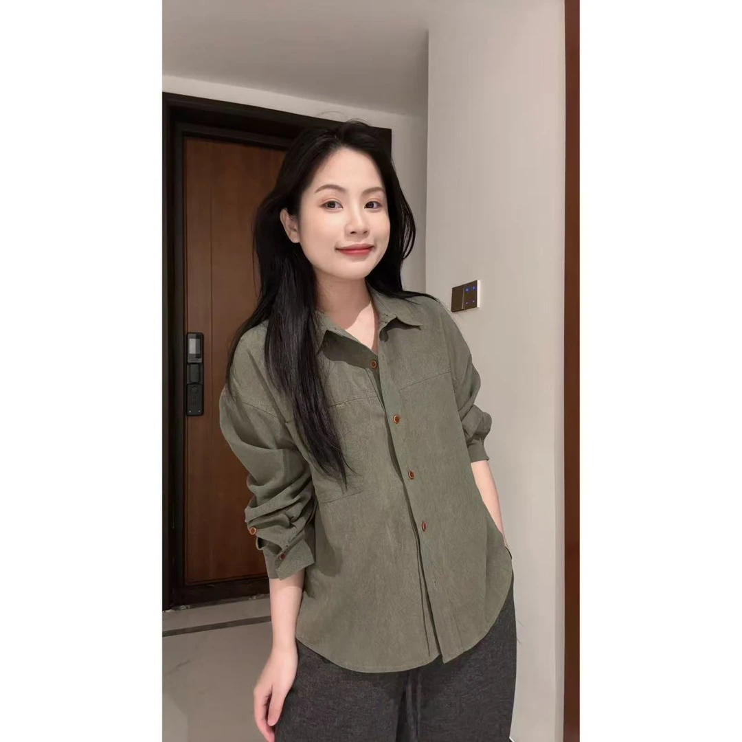 小个子春秋长袖纯色衬衫立领设计感休闲小众复古气质衬衣