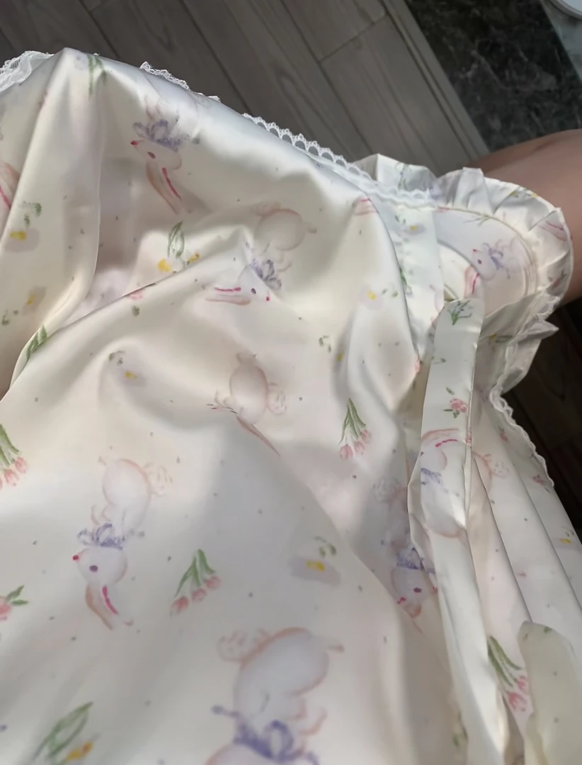 温柔甜美风蕾丝边冰丝短袖短裤长裤兔子印花睡衣女夏季家居服套装