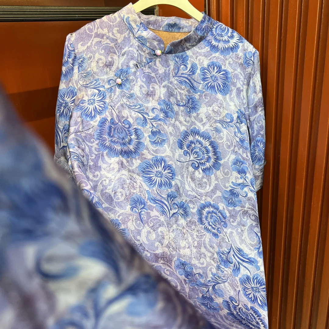 【蓝梦锦花】薄款提花单旗袍A字裙旗袍重磅牡丹女士蓝色