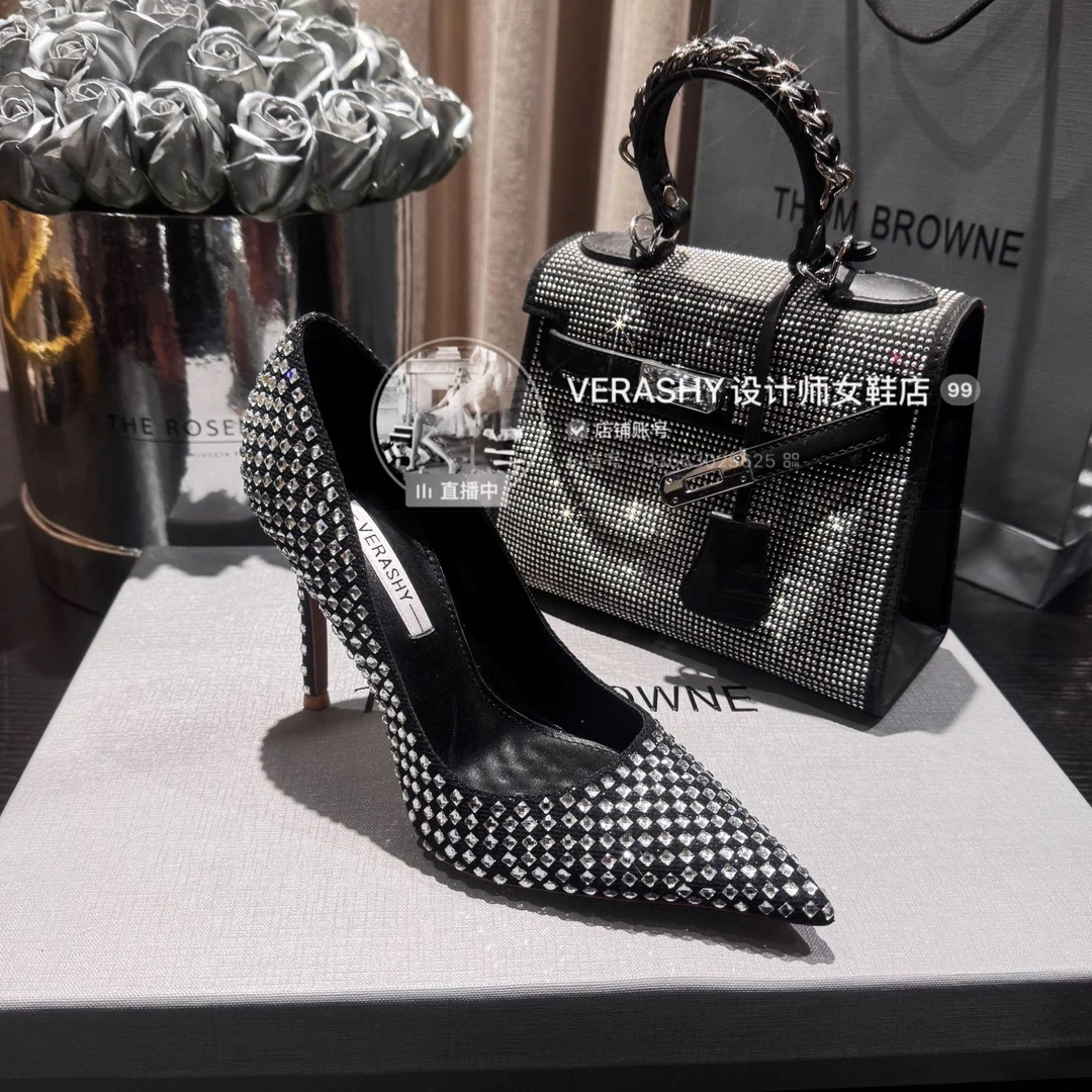 【水晶幻境】新款满钻黑色高级细跟尖头红底高跟鞋时尚单鞋