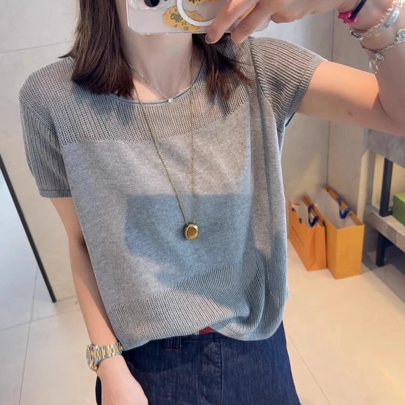 法式小众设计感冰丝短袖T恤女夏季新款胖MM宽松显瘦洋气百搭上衣