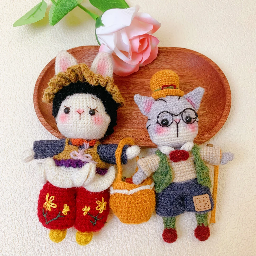 （兔猫游戏一对）羊毛线手工钩织玩偶 复古小猫小兔 治愈系礼物