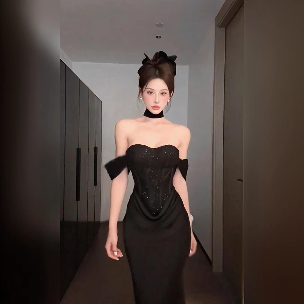 Z12330纯欲辣妹设计感重工蕾丝包臀裙女春夏纯欲修身抹胸晚礼长裙