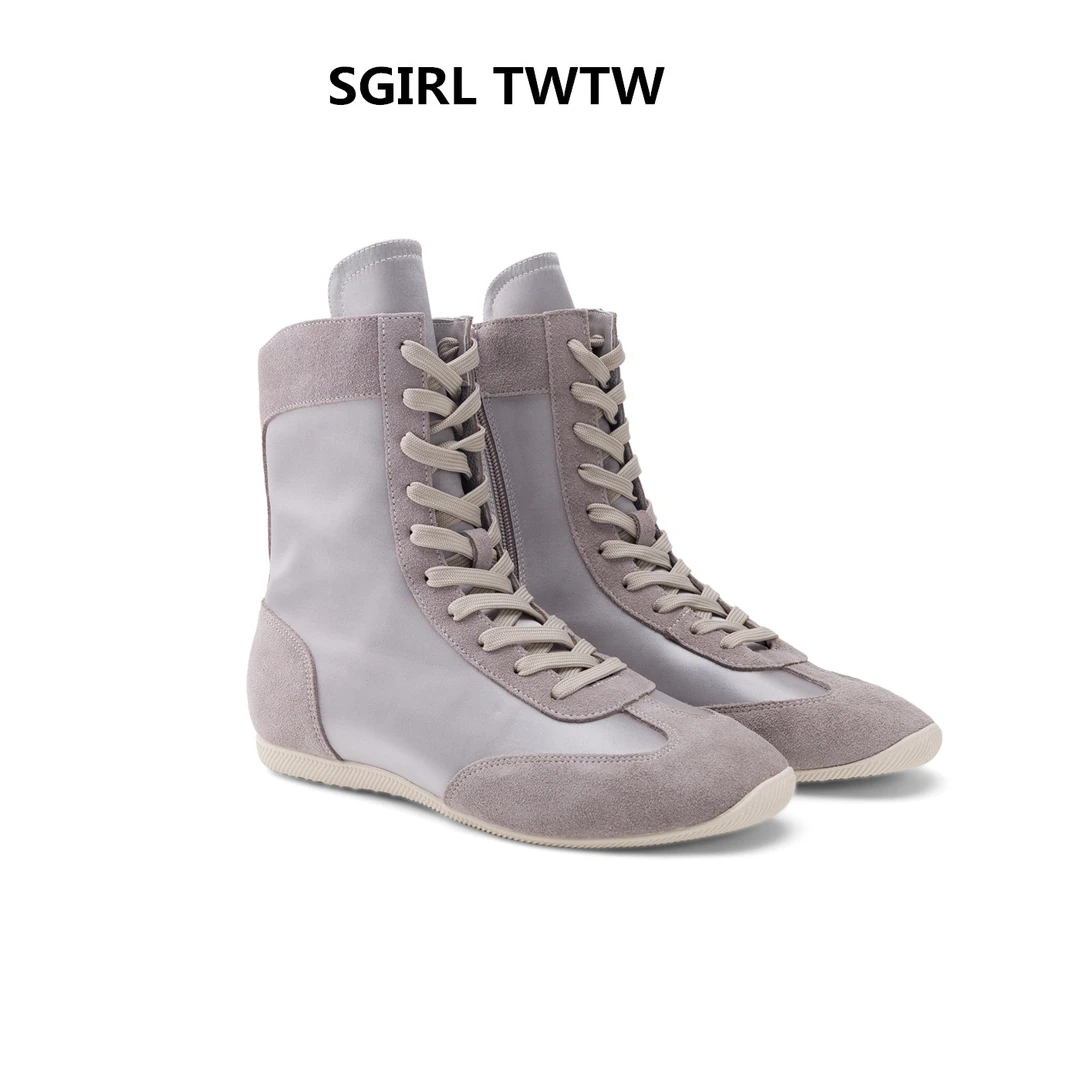 SGIRL TWTW2025年秋季新款真皮拼色平底绑带显瘦百搭高帮鞋短靴女