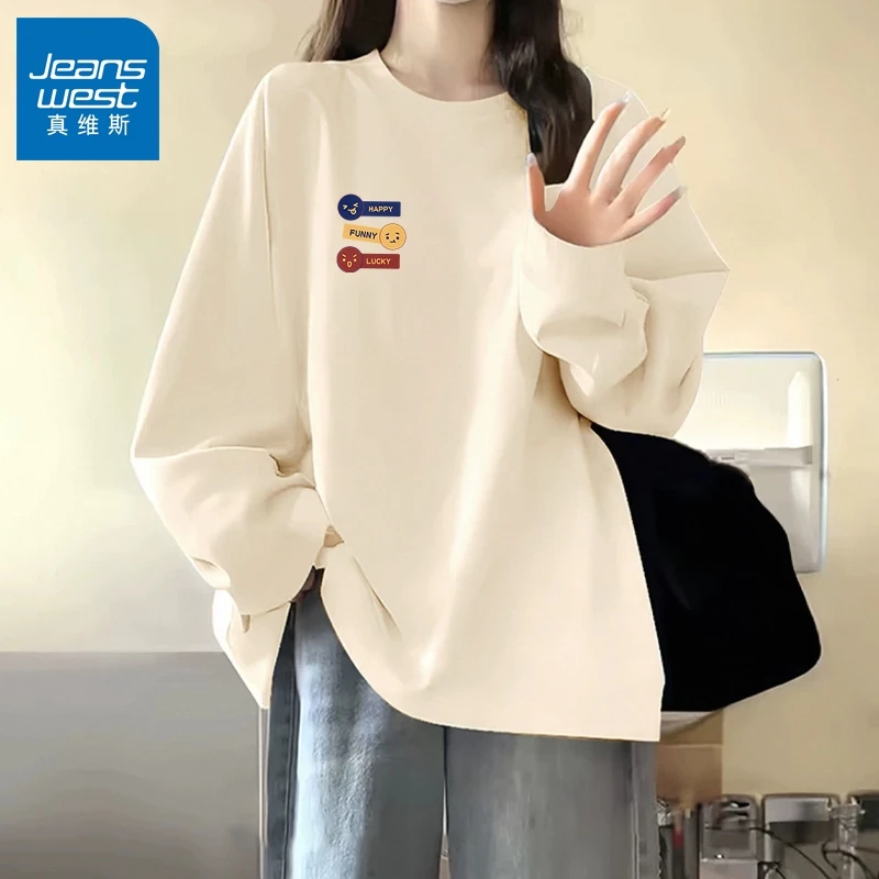 真维斯米色长袖T恤女2025新款纯棉早秋薄款小众纯棉圆领宽松上衣