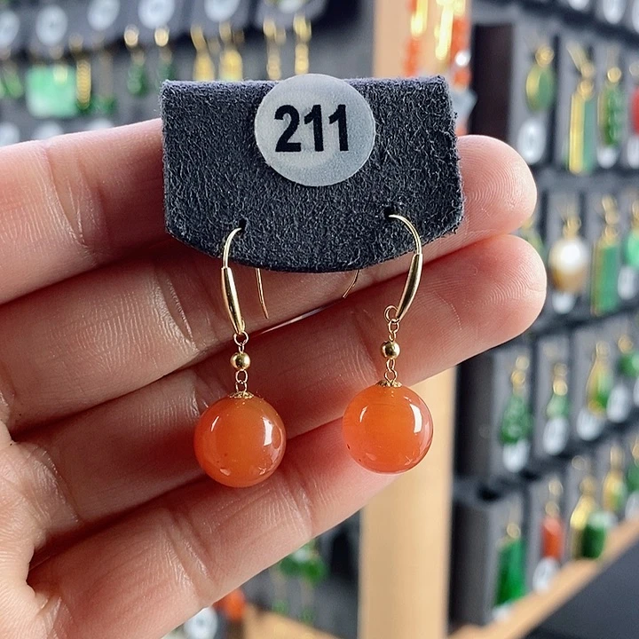 南红玛瑙耳饰18K金镶嵌耳饰