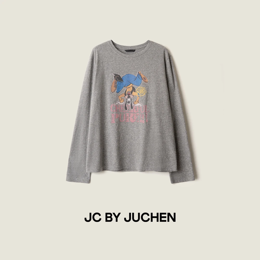 高飞狗经典卡通人物美式做旧印花加厚显瘦套头长袖T恤 FW074917