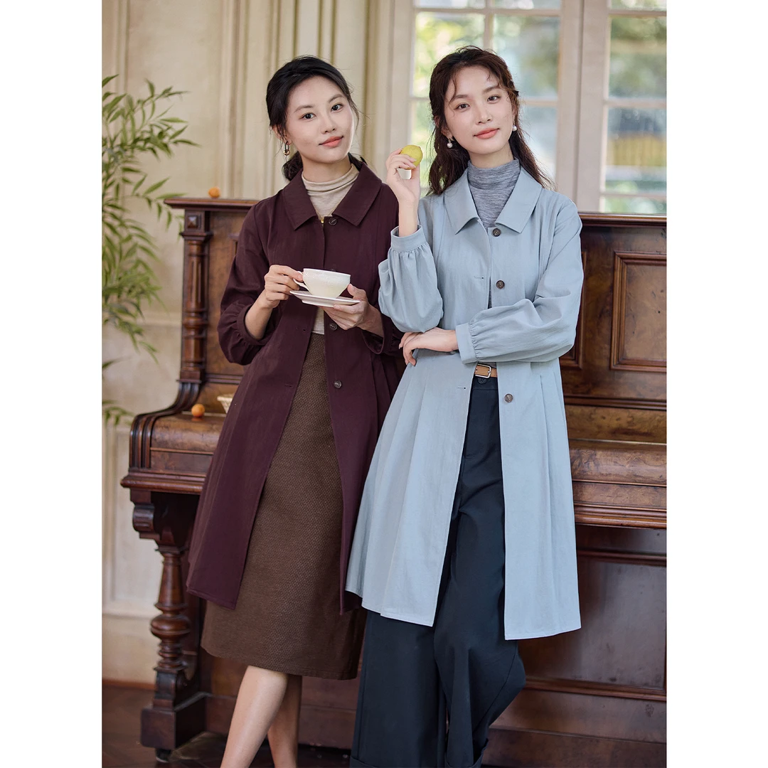 红念蓝色风衣中长款修身秋季2025年琥珀流光风衣外套女小个子