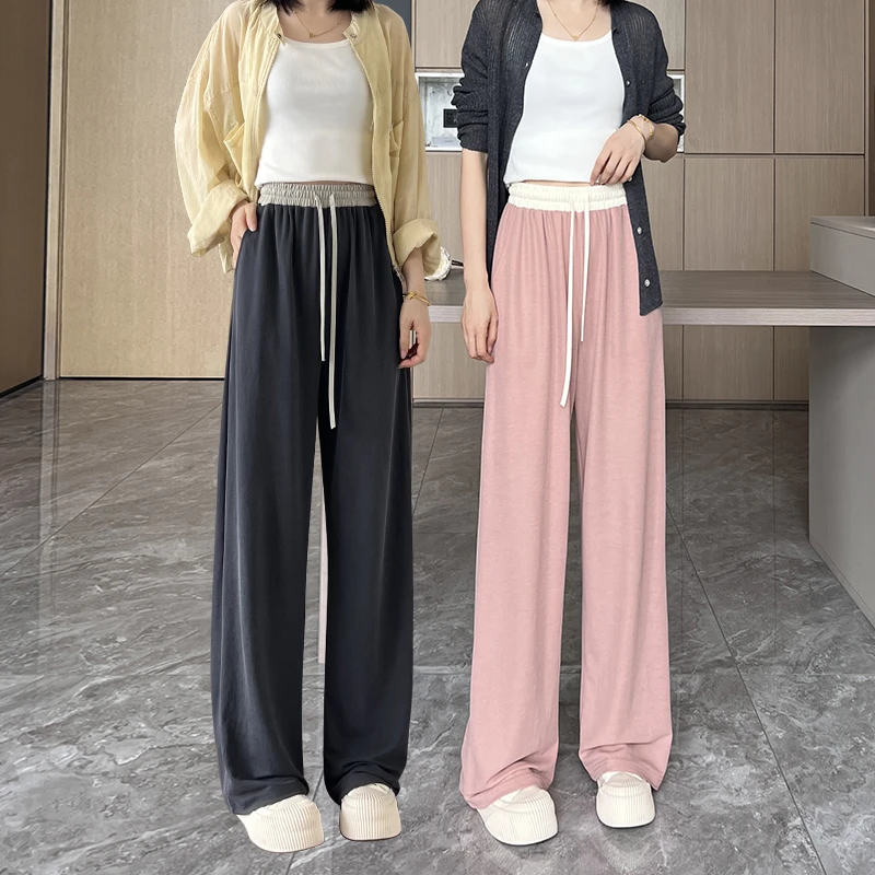 乐库优冰丝直筒裤女夏季薄款高腰垂感宽松拼色休闲凉凉裤阔腿裤子