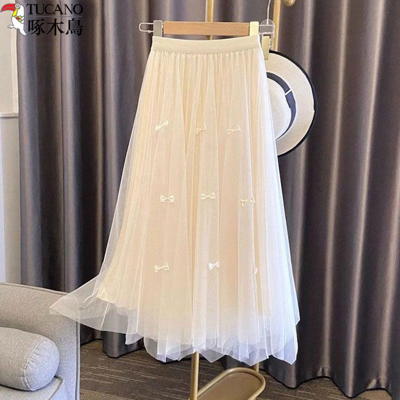 TUCANO/啄木鳥超仙蝴蝶结网纱半身裙夏中长款两面穿高腰a字百褶裙