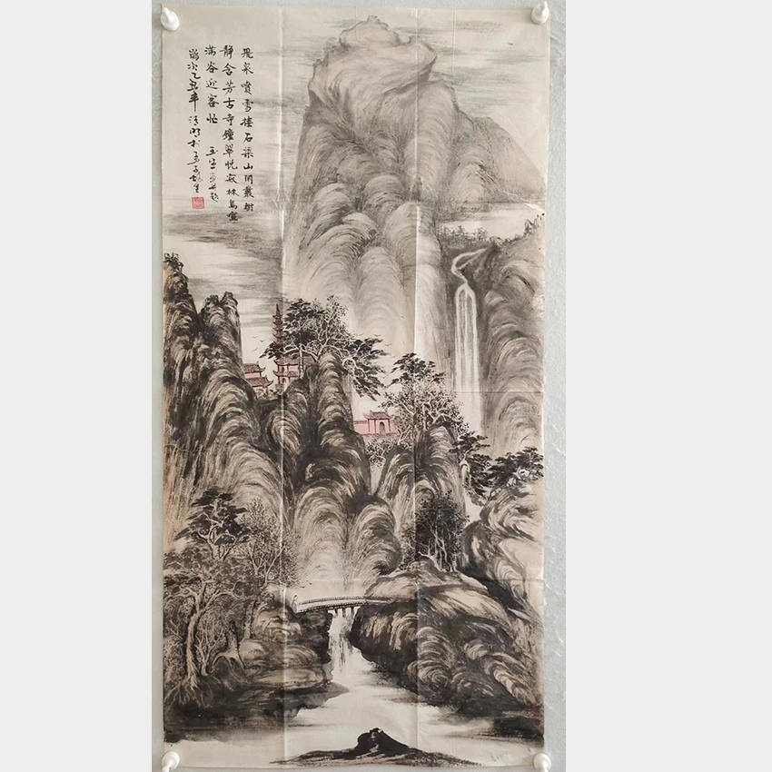 2036  纯手绘花老字画《飞泉喷雪》（背面有多处小补丁） 尺寸 137×68