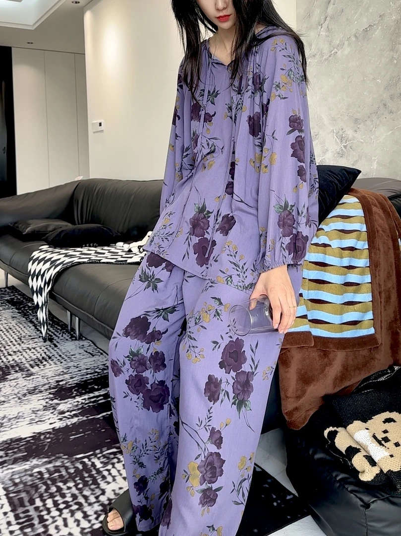 新款紫薇花碎花外穿时尚家居服减龄休闲棉绸睡衣夏季空调服套装