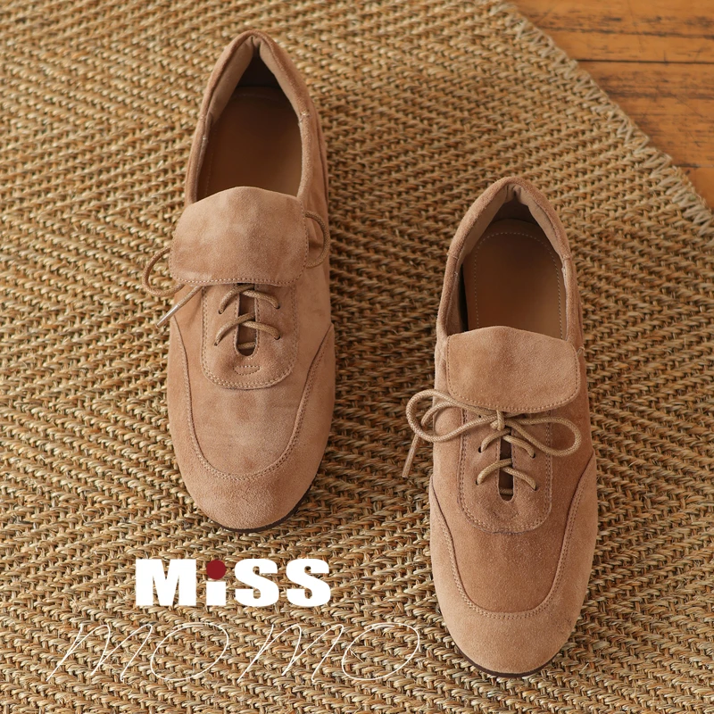 2025春季新款休闲平底纯色真皮软底浅口百搭低跟运动复古返绒单鞋