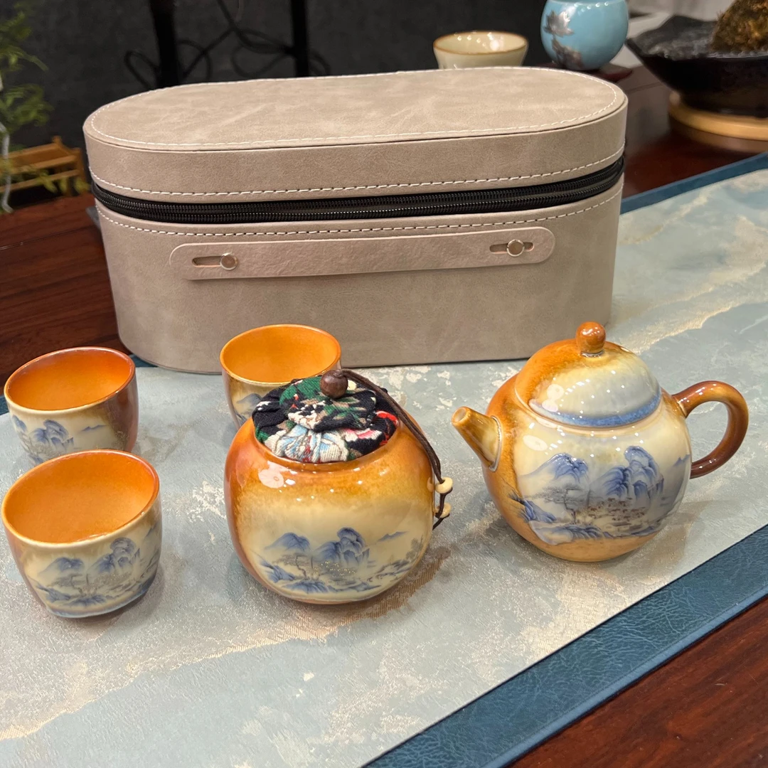 复古柴烧旅行茶具带托盘便携茶具套装户外