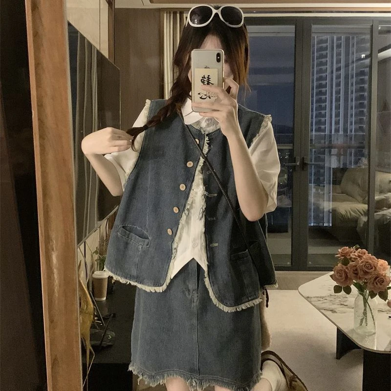 包包专属大码夏季新款薄款牛仔流苏马甲+短裙+衬衣三件套9914