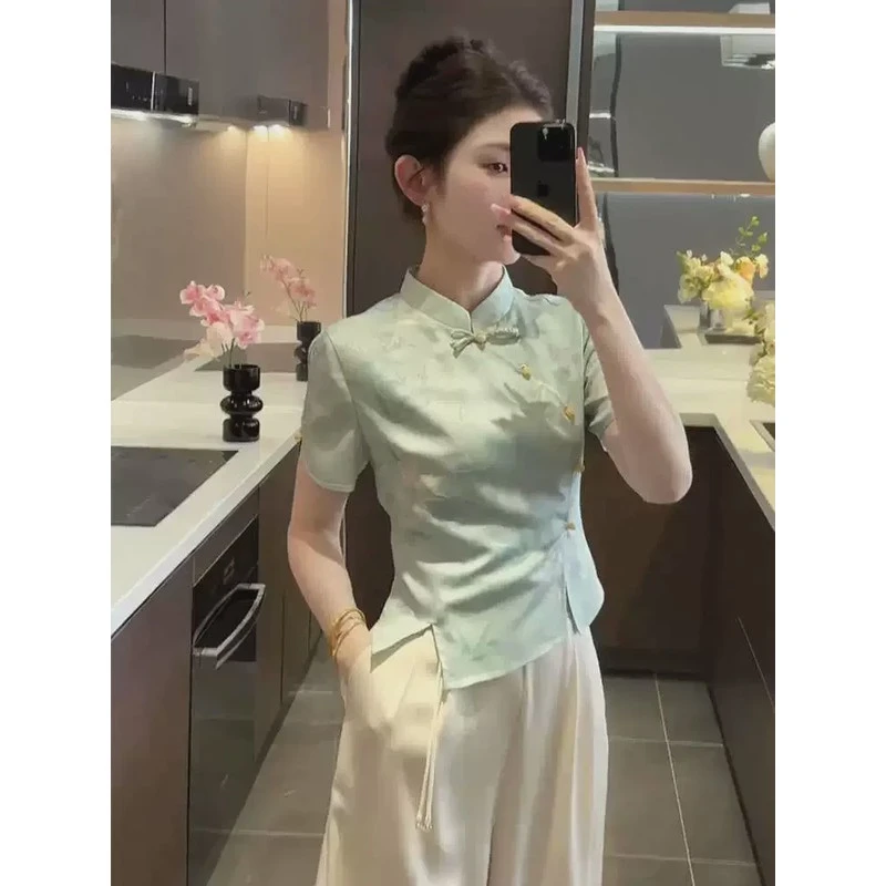 新中式国风上衣女夏季2024新款立领盘扣改良气质衬衫短袖漂亮小衫