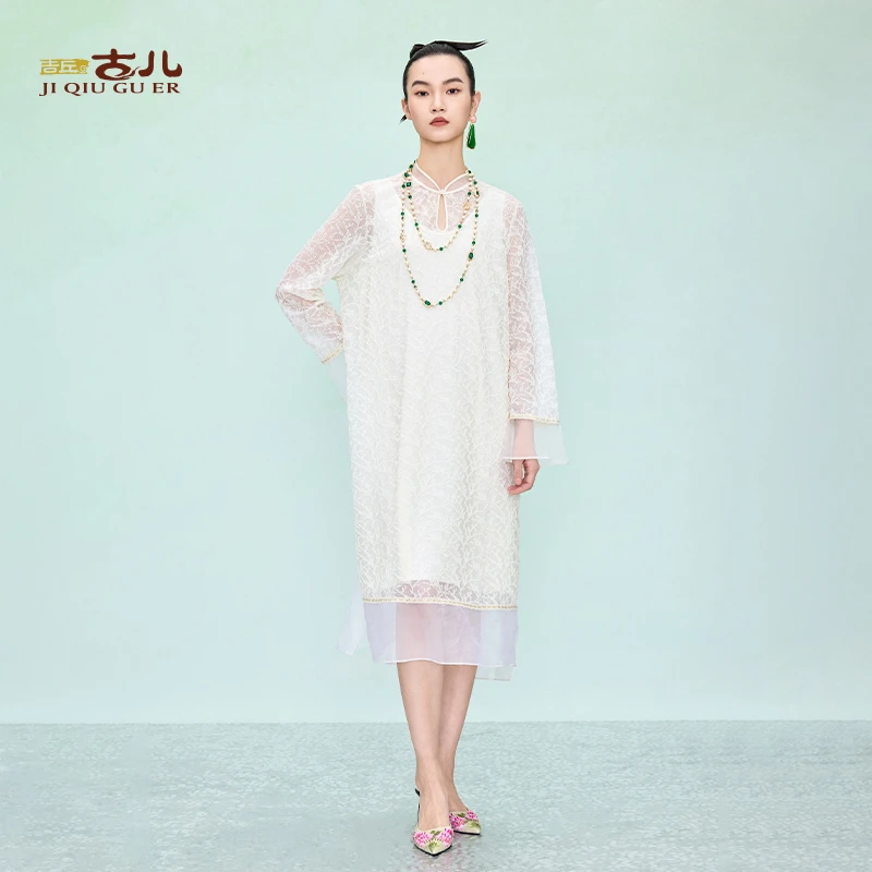 吉丘古儿霜华原创肌理感百搭连衣裙舒适打底通勤中式春白G251Y009