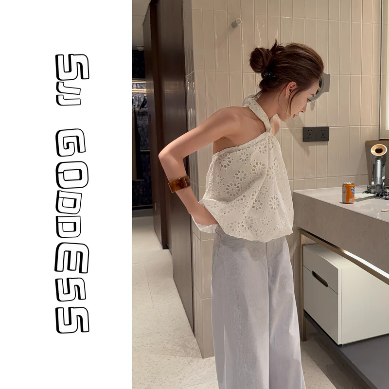 【娇娇私服定制】新款法式时髦钩花挂脖背心61202#