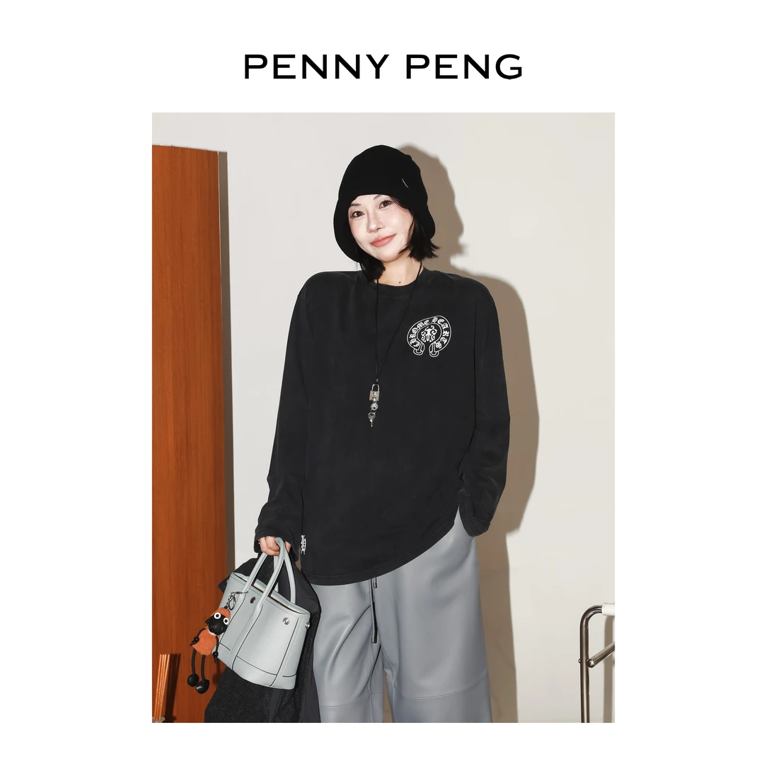 PENNYPENG 不朽巡演 黑色简约时尚休闲百搭宽松圆领印花长袖T恤