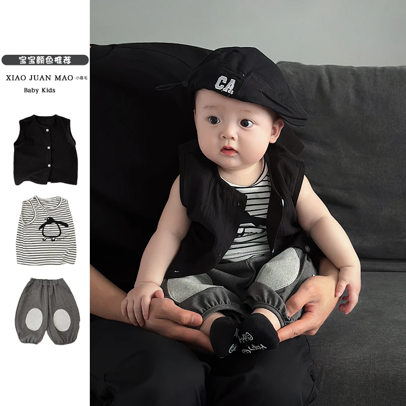 T25X112夏季新款童男童女童韩系洋气休闲百搭无袖条纹内搭外出服