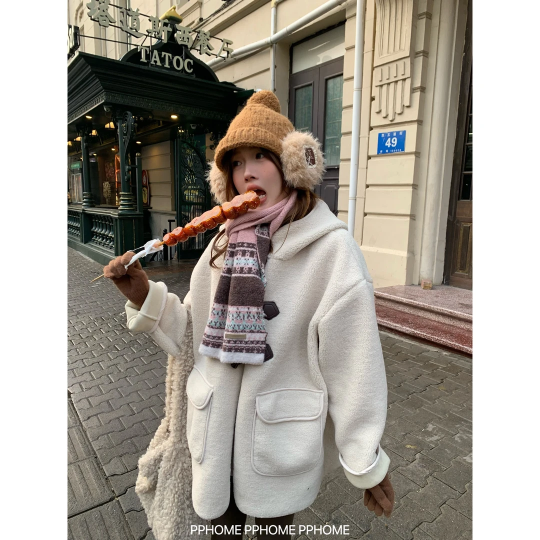 奶酪羊羔 可爱软糯牛角扣加厚内里麂皮外套保暖厚棉衣