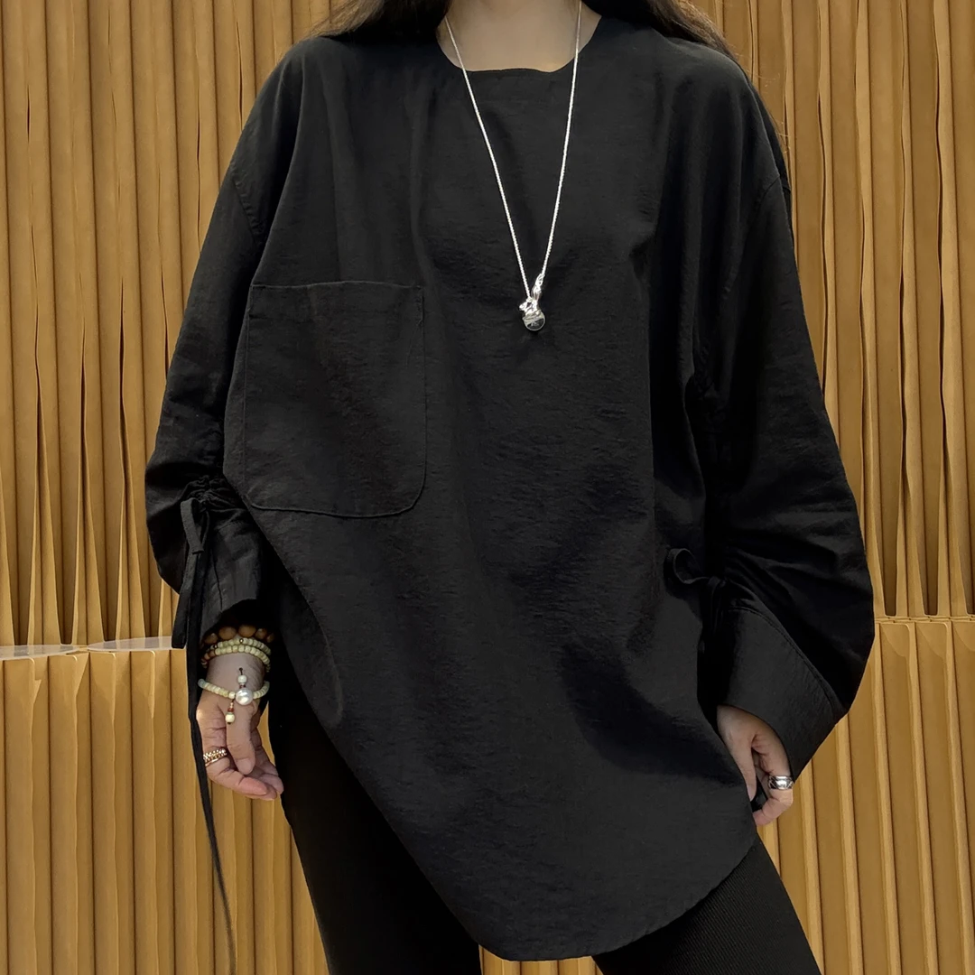 （香菜面）日系松弛风圆领长袖口袋套头衬衫上衣
