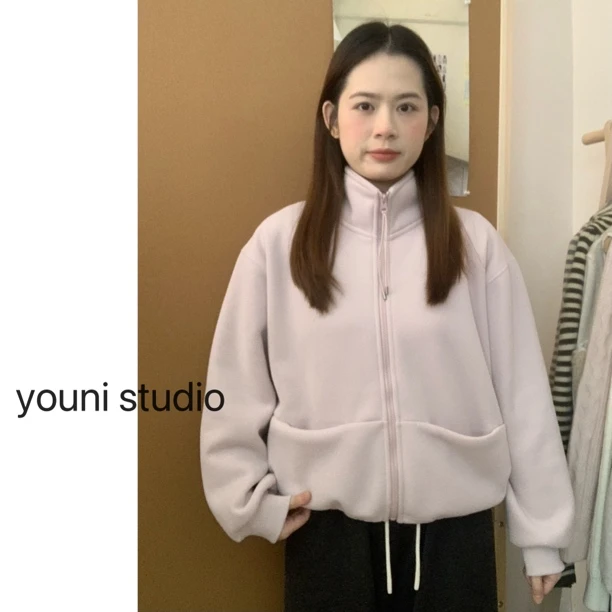 【youni】“双口袋”韩版休闲宽松立领奥利绒拉链卫衣外套