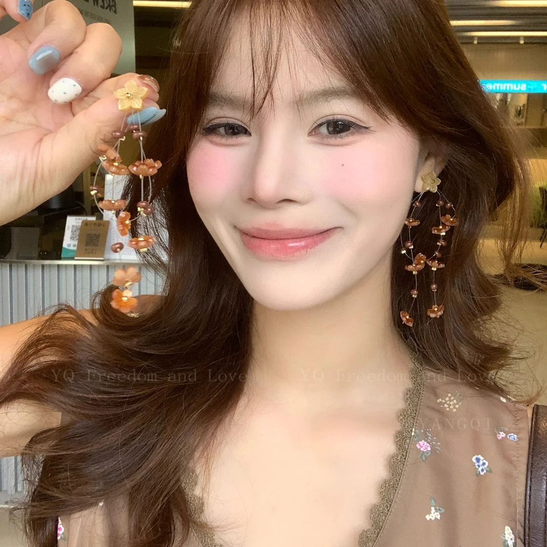 合金耳饰 咖色美拉德花朵流苏耳钉女2025新款高级感耳环独特耳饰