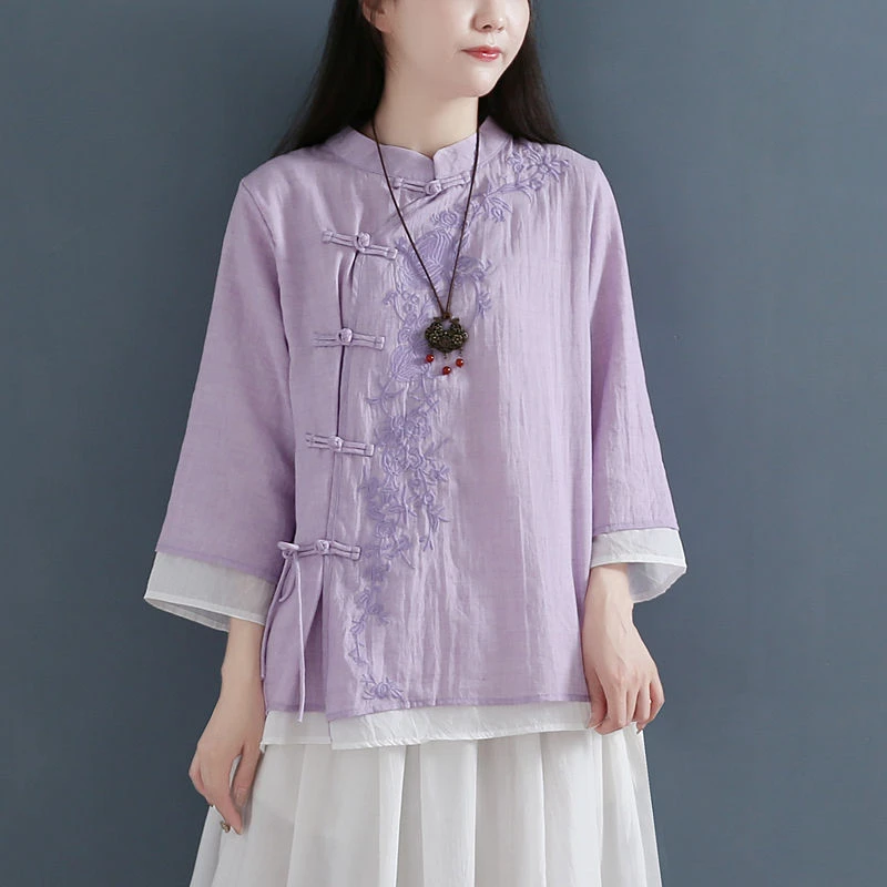 【倩雅衣馆】刺绣民族风国风汉服中国风盘扣复古女装衬衫大码棉麻