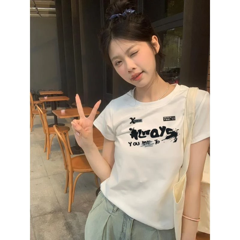 美式辣妹新款2025夏季正肩圆领短袖T恤显瘦纯欲气质百搭上衣女装