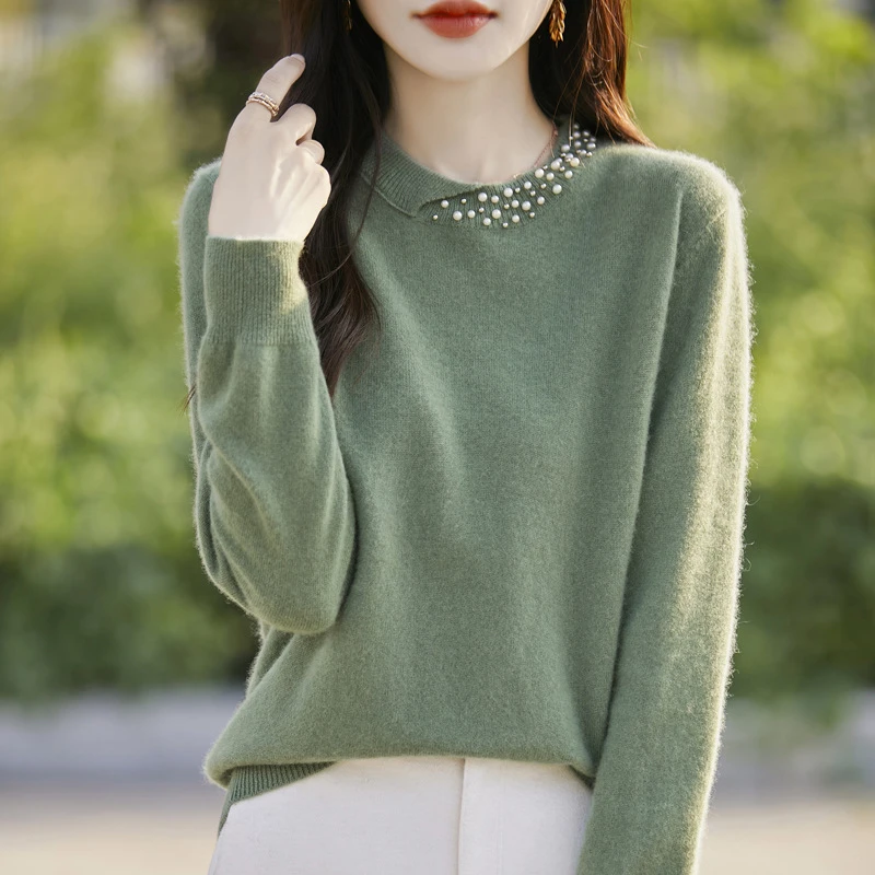 羊毛混纺25秋冬新款女装圆领钉珠宽松长袖套头短款针织毛衣打底衫