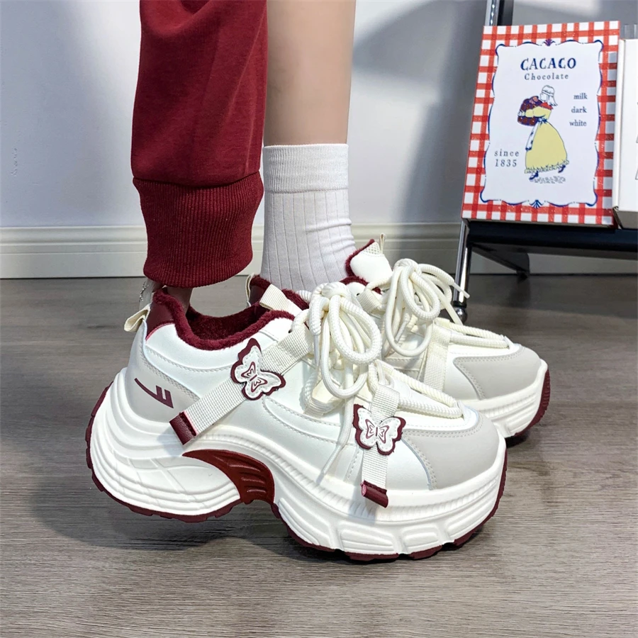 回力米红皮面加绒保暖蝴蝶运动鞋女鞋爆款二棉厚底鞋子百搭老爹鞋