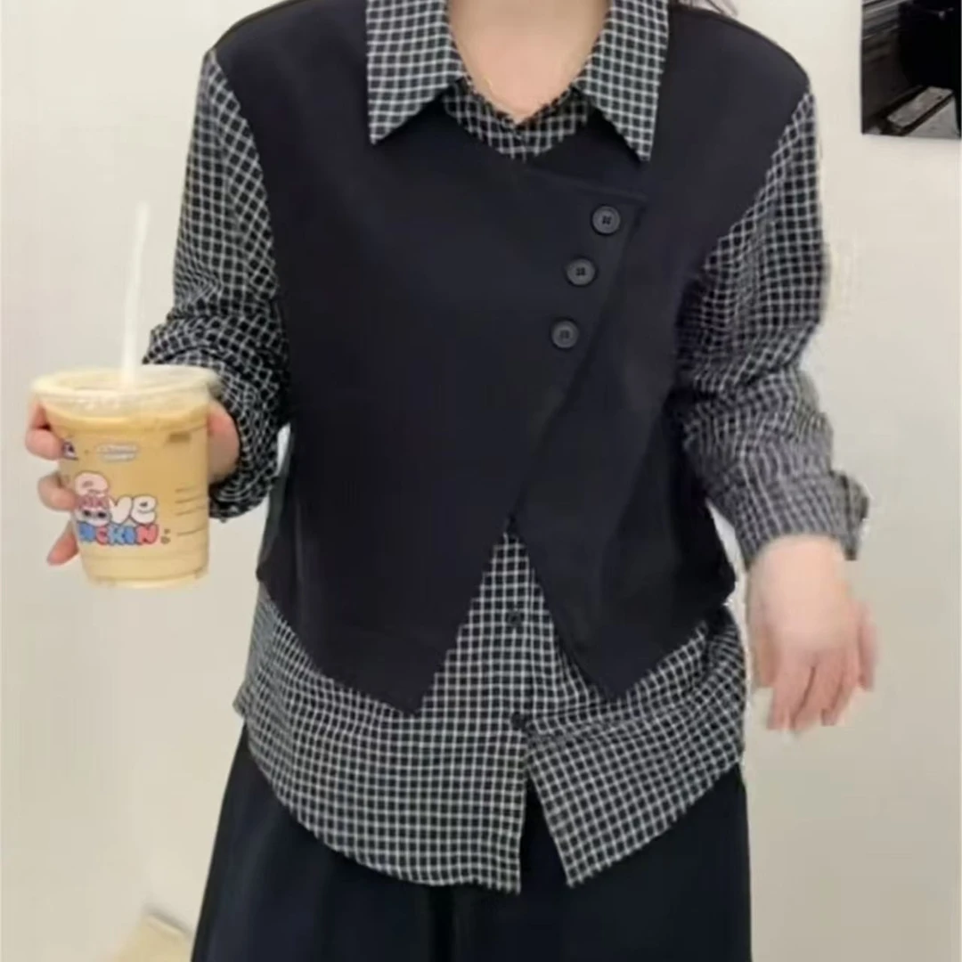 女士假两件翻领衬衫秋季新款拼接撞色时尚百搭25551