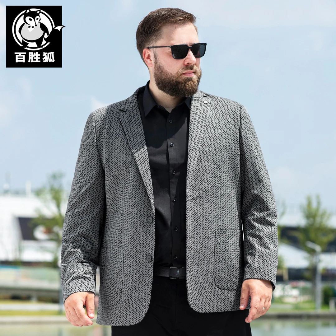 百胜狐高弹西服薄款春秋胖子加肥宽松标准免烫常规款西装上装外套