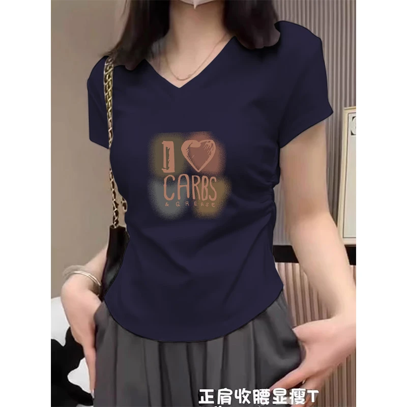 不规则V领下摆修身减龄新款短袖T恤女夏季收腰显瘦打底衫短款上衣