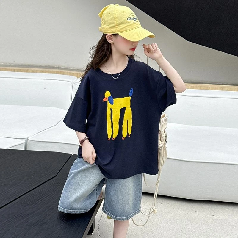 女童夏季短袖套装2025新款中大童6-12岁15岁儿童休闲卡通宽松套装